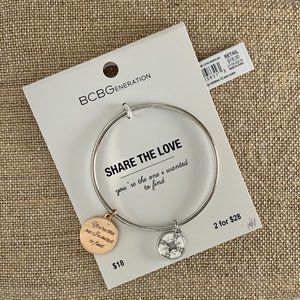 BCBG NWT Silver Bangle Charm Bracelet "Your The One I Wanted To Find" 2 Charms